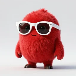 3 d render of completely red hairy friendly antropomorphic cartoony creature wearing white ray - ban shades, full body, simple, grin square teeth with no nose, cute, white background, unreal engine 5 hdr