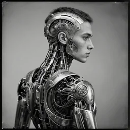 a beautiful young male cyborg made of intricate metal and wire cables, unreal engine, portrait, tintype, side - view, f / 2. 8, black and white, high contrast, 1 6 k, lonely, perfectionism, halfrear lighting, insanely detailed and intricate, hypermaximalist, elegant, ornate, hyper realistic, super detailed
