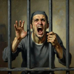 a screaming prisoner holding prison bars, realism old painting