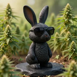 rabbit groot as black basalt, big sunglasses, marijuanas gardens, soft surface texture, very realistic 3 d render, soft sun lights, 4 k, high detailed photography result, 5 0 mm lens, rich deep colors, smooth gradients, depth of field, cinematic, hyper realism, high detail, octane render, unreal engine, 8 k, vibrant colors