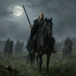concept art mood painting environment painting nazgul wielding black sword sitting on black horse looking at viewer moonlit grassy field ( ( ( ( foggy ) ) ) ) lord of the rings. style of, ryan church, jon mccoy, george hull, painting
