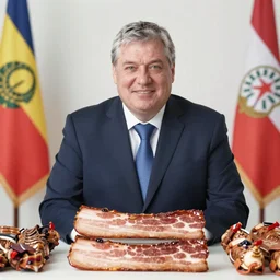 portrait of viktor orban proudly sitting behind a table full of bacon, octane renderer