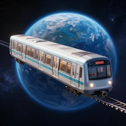 3 d render subway train floating in cosmos, earth close - up view in the background, hyperrealism, unreal engine 5, octane render, 8 k wallpaper