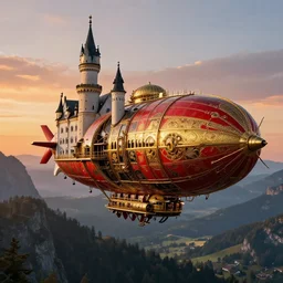 airborne steampunk dirigible zeppelin, strongly resembling neuschwanstein castle and frauenkirche dresden, resembling aircaft carrier, imperial bavarian and prussian, red and gold and black, dieselpunk, german baroque, napoleonic, floating above 1 8 5 0 s bavarian mountains, gorgeous sunset by david levy vyle art, artstation