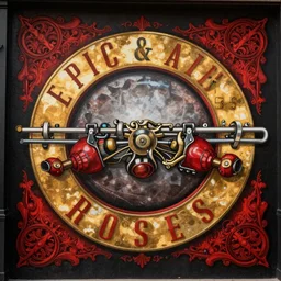 an epic guns and roses mural on a crimson and black background, intricate illustration, highly ornate, exquisite detail, rtx, 4k