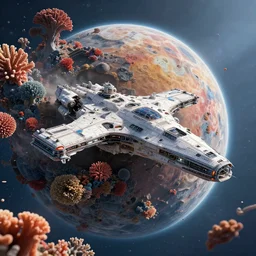 A futuristic science fiction spaceship crashed on a planet made of coral reefs, hyperrealistic, octane render, photorealistic,