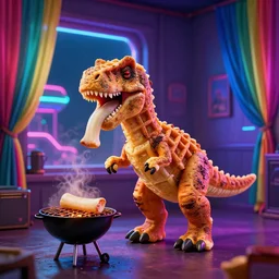 a dinosaur made out of waffles barbecuing chewing gum. in a room with neon rainbow color drapes. outside the window a anachronist noir future.