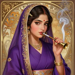 hyperdetailed portrait of a cute young hyderabadi muslim female in a purple kimono smoking a bong, digital painting, artstation hq, sharp foccus ilustration, artstation hq. intricate, elegant. wlop, artgerm, greg rutkowski, alphonse mucha, medium shot. dan mumford, tomokazu matsuyama, takato 4 yamamoto