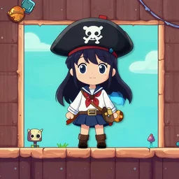a cute sailor anime girl in a 2d platforming level themed after pirates