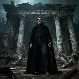 vampire prince in a dilapidated temple, post apocalyptic, dramatic lighting, cinematic, establishing shot, high detail, photorealistic, cinematic lighting, post processed, concept art, artstation, style by greg rutkowsky, 4k