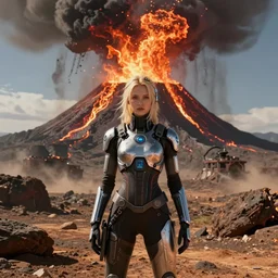 volcano eruption post apocalyptic scene with a blonde cyber girl futuristic mars mad max