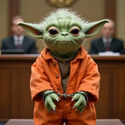 a photo of Yoda in handcuffs and an orange jumpsuit being convicted in a courtroom