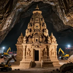 A temple made out of sandstone in a dark cave surrounded by construction equipment and construction lights that light up the temple.