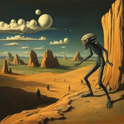 surreal landscape masterpiece painted by dali dorothea tanning perfect composition bizarre disturbing small people in the distance large mutant humanoid forms in the foreground very detailed cast shadows dramatic lighting