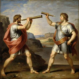 oil painting of Ancient Romans discovering Jupiter with a telescope