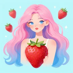 illustration of a strawberry - woman, long pink and blue hair