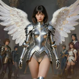 Worksafe, fully clothed. Painting of sexy, young, gentle and cute armored angel girl, posing in leotard and chrome, by Frank Frazetta, Boris Vallejo, Larry Elmore, Julie Bell, Keith Parkinson, Hajime Sorayama, Ayami Kojima and lyde Caldwell, trending on ArtStation.