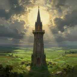 The single lonesome grand wizard tower by Tyler Edlin, fantasy art, green fields in the background, wide angle, cinematic composition