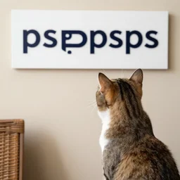 cat looking at a sign that says pspspsps