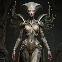 stunning full body portrait of a beautiful alien queen with perfect symmetrical features draped in art nouveau circuitry, detailed declotage, exaggerated female anatomy, powerful expression, by chris achilleos and robert crumb, extremely hyperdetailed, 8 k, 8 mm, photorealism, hyperrealism, atmospheric lighting