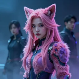 portrait of her in pink blue purple, by james gurney, ruan jia, kim jung gi, huang guangjian, artstation, cyberpunk, realistic, intricate details, dramatic, cool lighting, medium shot, furry, vibrant, atmospheric, mist, hd