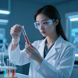 portrait beautiful fantastic cyberpunk style doctor scientist using test tubes