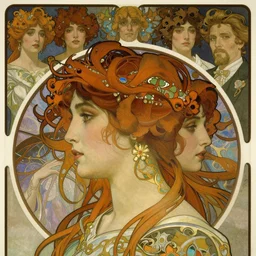 realistic detailed front view symmetrical head and shoulders profile portrait of Mia Kirschner by Alphonse Mucha, Ayami Kojima, Amano, Charlie Bowater, Karol Bak, Greg Hildebrandt, Jean Delville, and Mark Brooks, Art Nouveau, Neo-Gothic, gothic, Mia Kischner, rich deep moody colors