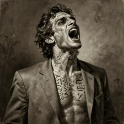 photorealistic sepia - toned painting of a single screaming male in a grey suit, nabatean aramaic tattoos on his skin, atmospheric lighting, by clyde caldwell, dark, brooding, painted, intricate, ultra detailed, well composed, best on artstation, cgsociety, epic, horror, stunning, gorgeous, intricate detail, much wow, masterpiece, cinematic aesthetic octane render, 8 k hd resolution,