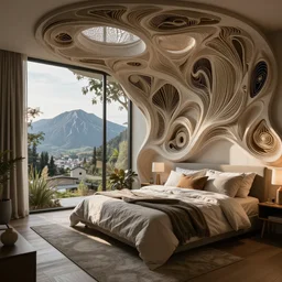 a cozy bedroom decorated by Zaha Hadid, detailed, high resolution, wow!, intricate