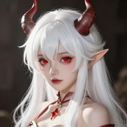 A white haired devil girl with horns, anime style, red eyes, cute, in style of Krenz Cushart and Ilya Kuvshinov
