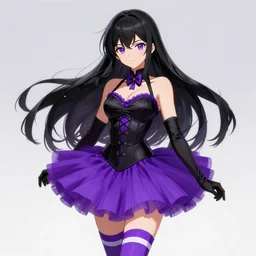 a beautiful anime woman with long black hair, wearing a black corset top, a purple tutu, black gloves and long purple socks with white stripes, digital art, fantasy art