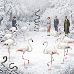 still frame illustration dozen white flamingo slowly morphing into snake, in a middle white frosty winter garden by quint buchholz, cheng hsiao - ron, wes anderson, fujita goro, edward hopper, rene magritte, simon stalenhag, fine details, ornate, simon stalenhag and henry rousseau