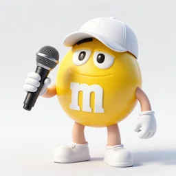 a single yellow m & m candy with white arms and legs holding a microphone, a yellow sphere wearing a white baseball cap, eminem as a m & m candy standing on a floor covered with m & m candies, m & m candy dispenser, m & m plush!!!, unreal engine, studio lighting, unreal engine, volumetric lighting, artstation