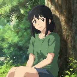 photorealistic, highly detailed bob odenkirk meets a beautiful smiling anime girl with black hair and hime cut sitting under a tree, anime key visual, digital art, anime screenshot, kyoto animation, makoto shinkai, trending on artstation