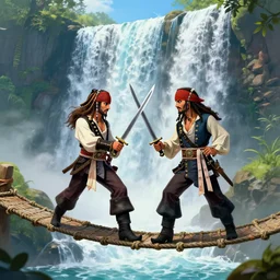two pirates having a sword duel in a rope bridge in front of a large waterfall, digital art, cinematic, vivid colors, elegant, very beautiful, epic, greg rutkowski, atey ghailan, trending on art station