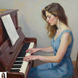 a painting of a woman playing a piano, an acrylic painting by Raymond Leech, featured on pinterest, figurative art, oil on canvas, acrylic art, art on instagram