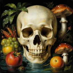 a close - up portrait of a tropical skull surrounded by water, colorful fruit, and mushrooms. surrealism. black background. highly detailed science - fiction fantasy painting by norman rockwell, moebius, frank frazetta, syd mead, and stanislaw fernandes. rich colors, high contrast. renaissance masterpiece. artstation