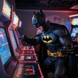 batman playing arcade, rage quitting, photo