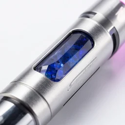 custom light saber hilt, kyber crystal chamber, close up detail, extremely detailed, acid etched aluminum