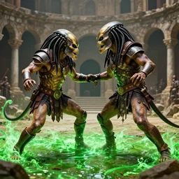 the predator fighting a spartan warrior in a roman coliseum, green glowing fluid on the ground and on the predator, 8 k award winning photo, amazing