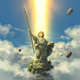 a stone statue wielding a spear. from above is a large beacon of light, sunray from heaven. lots of small floating rocks, surrounding the light. cgsociety masterpiece, artstation trending, by rossdraws, ghibli, kimi no na wa, greg rutkowski, simon stalberg, greg manchess