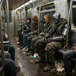 detail image of homeless cyborgs in dirty subway car, garbage on ground, dramatic lighting, highres textures, ambient occlusion, volumetric lighting, octane render, unreal engine 5, weta digital, ilm, digital domain, raytracing