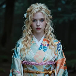 stunning, breathtaking, awe - inspiring award - winning portrait of an attractive white faerie with wavy blonde hair, wearing a colorful yukata, extremely moody lighting, intricate, 8 k