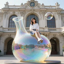 a beautiful japanese girl sitting on an unfinished klein bottle sculptural, chroma iridescence, colors, glassy, reflective and refractive, soap bubbles floating, sitting on baroque theatre architecture background, morning light. data stream