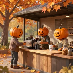 pumpkin headed people ordering coffee at a coffee stand, maple trees with fall foliage, volumetric, realistic, cinematic lighting, ray tracing, unreal engine 5, octane render, hyper realistic, photo, 8 k