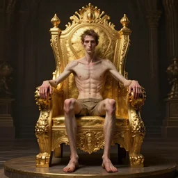 highly detailed portrait of a lonely thin man sitting alone on a golden throne, unreal engine, fantasy art by pablo picasso