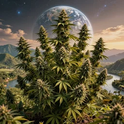 realistic massive cannabis trees with cannabis leaves, mountains, river, landscape, photo, concept art, universe in the sky, cinematic lighting, 4k, wide angle, warm tones, Earth,