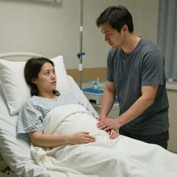 a father standing next to his wife who is on the hospital bed, covered by blanket, about to give birth holding her husband's hand, beautifully lit, detailed, by artgerm, mumford and rutkowski, featured on artstation, cgsociety