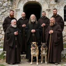 photo of breton monks looking like rasputin with with athos monks on athos, with a dog