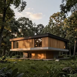 a detailed photo of a house in the woods, designed by le corbusier, beautiful sunset, photorealistic, hyperrealistic, octane render